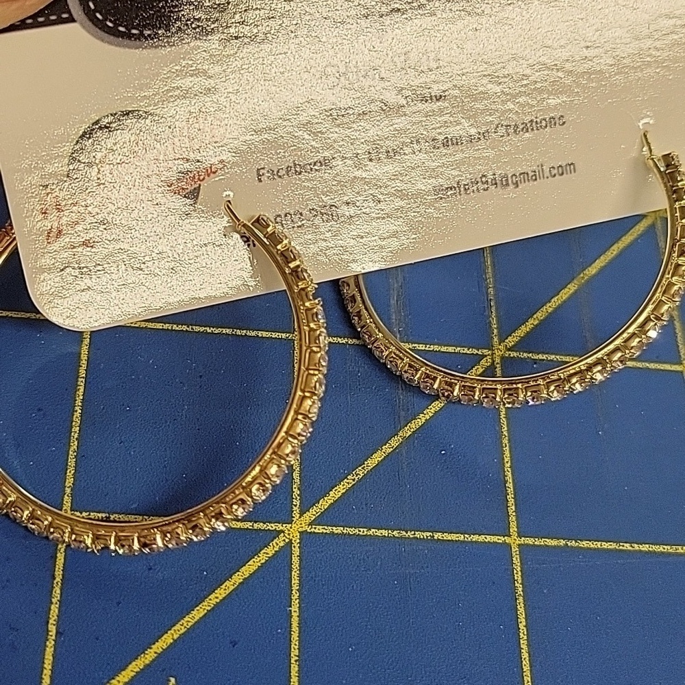 Rhinestone 1.5" Gold Tone Hoop Earrings